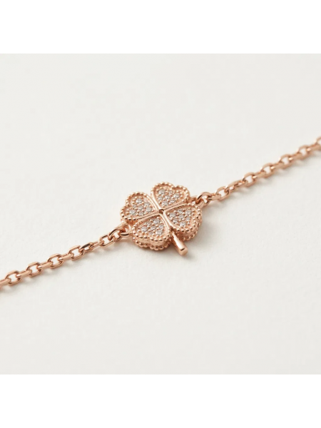 925 Ayar Yonca Figürlü Taş Detaylı Rose Gold Zincir Bileklik