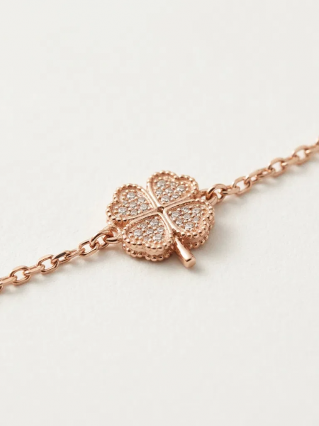 925 Ayar Yonca Figürlü Taş Detaylı Rose Gold Zincir Bileklik
